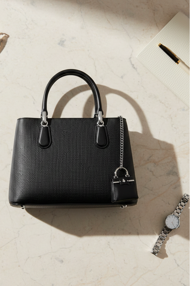 Elegant Black Textured Handbag with Mini Pouch for Women