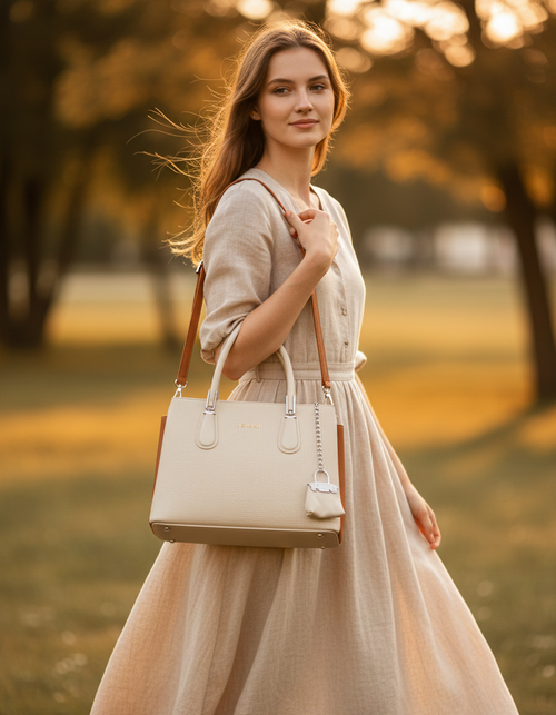 Ivory Textured Handbag with Mini Pouch | Premium leather daily use bag